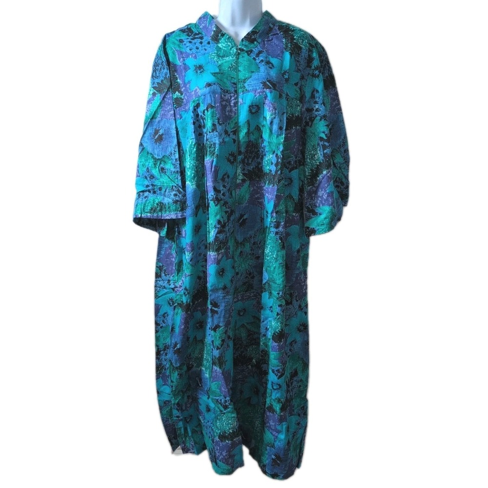 METROPOLITAN Women's Zip Lounger Nightgown 2X Blue Floral Print 100% Cotton New